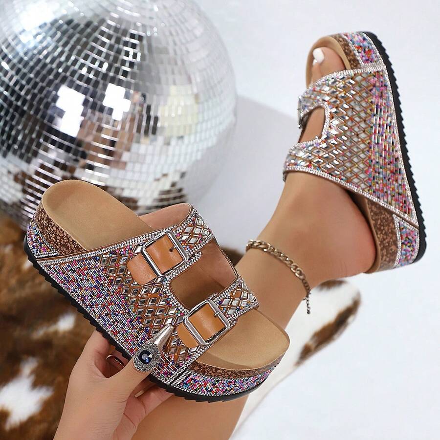 Jeweled wedge slide sandals with tan buckle straps rhinestone geometric upper cork-look wedge black outsole