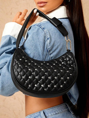 Front view of stylish rivet plaid shoulder bag with metal buckle - trendy women's underarm bag with plaid pattern, rivet accents, metal buckle for everyday style