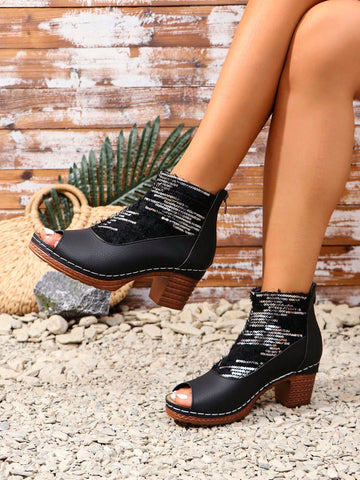 Elevate your style with these Stunning Sequin Patchwork Open Toe High Heel Boots. The patchwork design adds a touch of texture and the open toe allows for breathability. Constructed with a high heel, these boots elongate the legs for a flattering silhouette. Perfect for a night out or a special occasion.