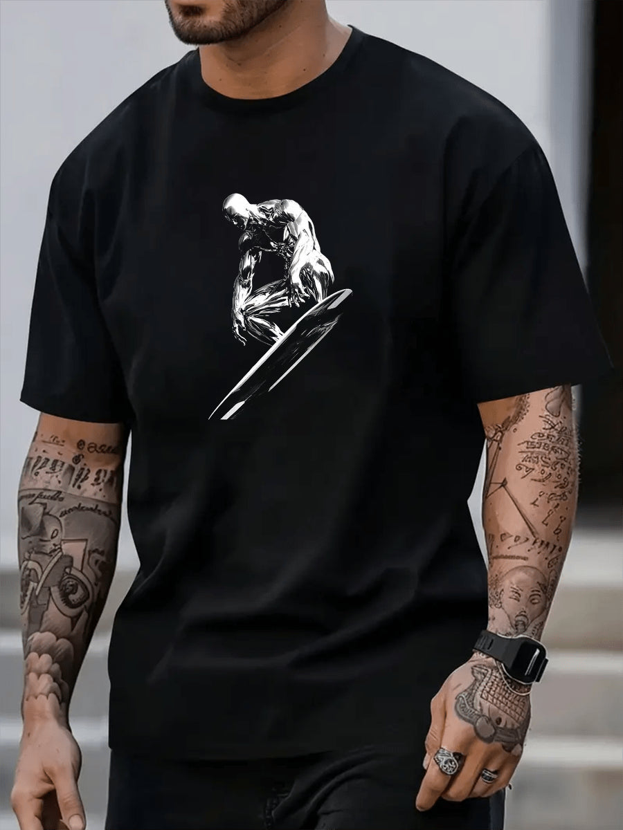 Ride the fashion wave with our Silver Surfer Tee! This ultra-comfy cotton crew neck is your ticket to summer style domination. Perfect for beach days, casual hangouts, or just looking effortlessly cool while grabbing coffee. Warning: may cause spontaneous compliments and an uncontrollable urge to pose for photos. Surf's up, style seekers!