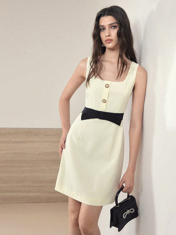 Turn heads this Valentine’s Day with this playful sleeveless mini dress featuring a chic contrast color design and a charming waist bow. Its flattering fit and flirty length make it perfect for celebrating love in style.
