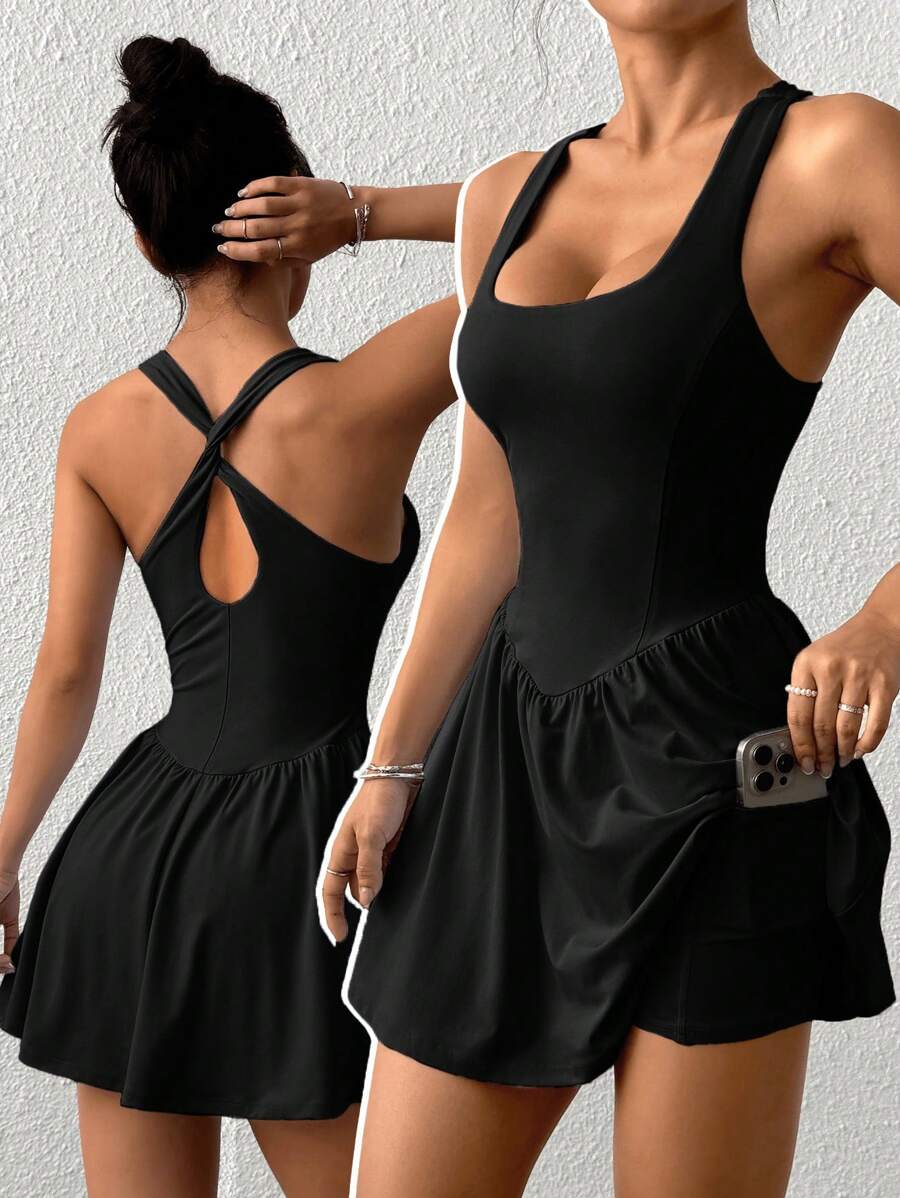 Back view black mini dress with twist racerback cutout