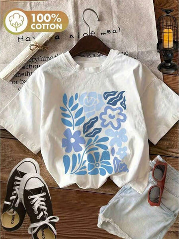 Front view of white cotton T-shirt with blue floral botanical graphic print