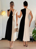 Effortlessly exude elegance in this stylish V-neck colorblock sleeveless bodycon dress. With its flattering silhouette and trendy colorblocking design, you'll stand out in any crowd. Perfect for a night out or special occasion, this dress is a must-have for any fashion-forward individual.