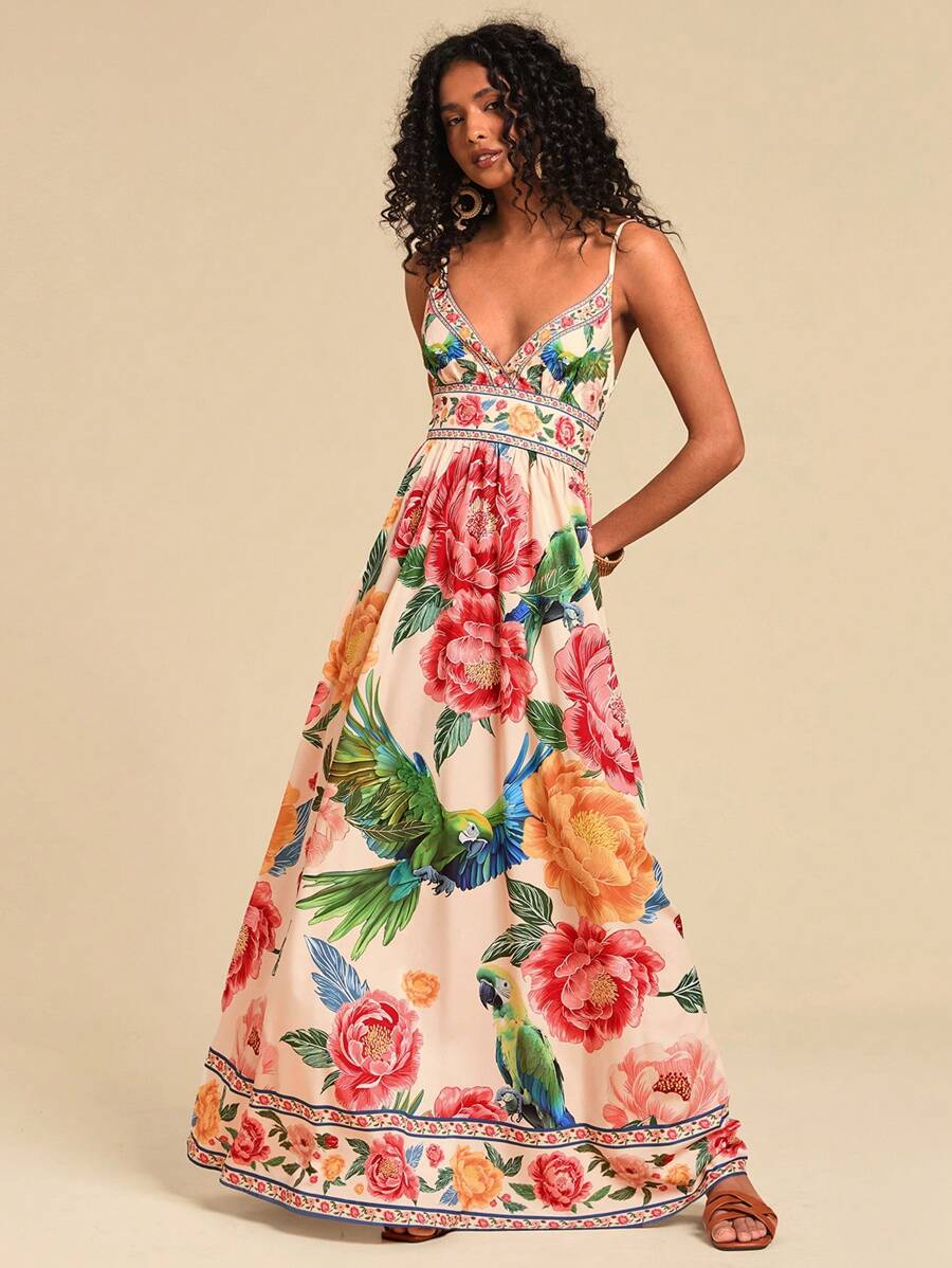 Embrace effortless elegance with this stunning V-neck floral maxi dress. Featuring a backless design with delicate ruffles and shirring details, this boho-inspired piece is perfect for spring and summer getaways, beach days, and special occasions. The high-waisted silhouette and flared hem create a flattering, feminine look, while spaghetti straps keep it comfortable and breezy. 