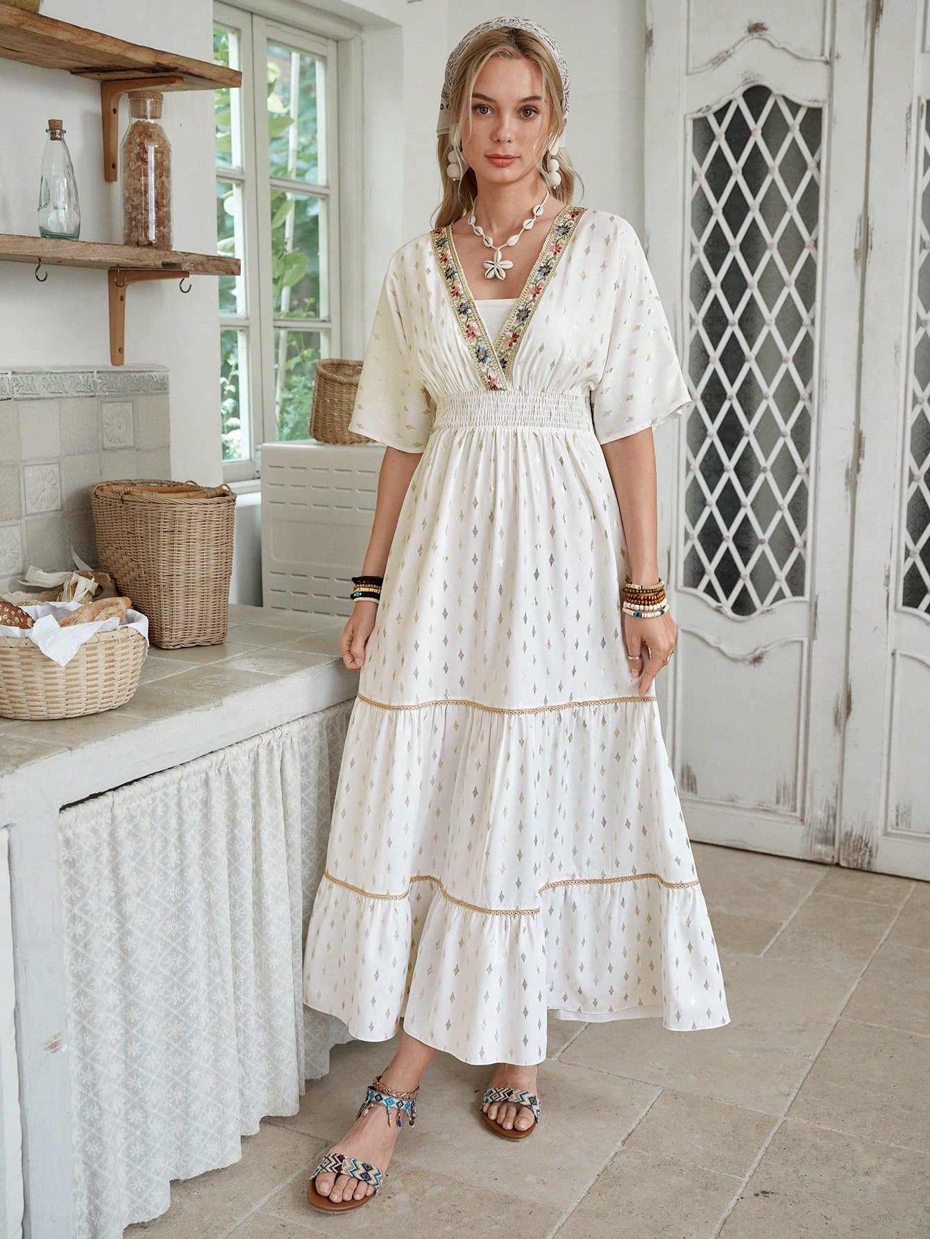 Elevate your warm-weather wardrobe with this head-turning V-neck floral lace dress! The waist-cinching design hugs your curves in all the right places, while the long silhouette adds a touch of drama to your strut. Perfect for turning sidewalks into runways during spring picnics or summer soirées. Who knew looking this fabulous could be so comfortable?