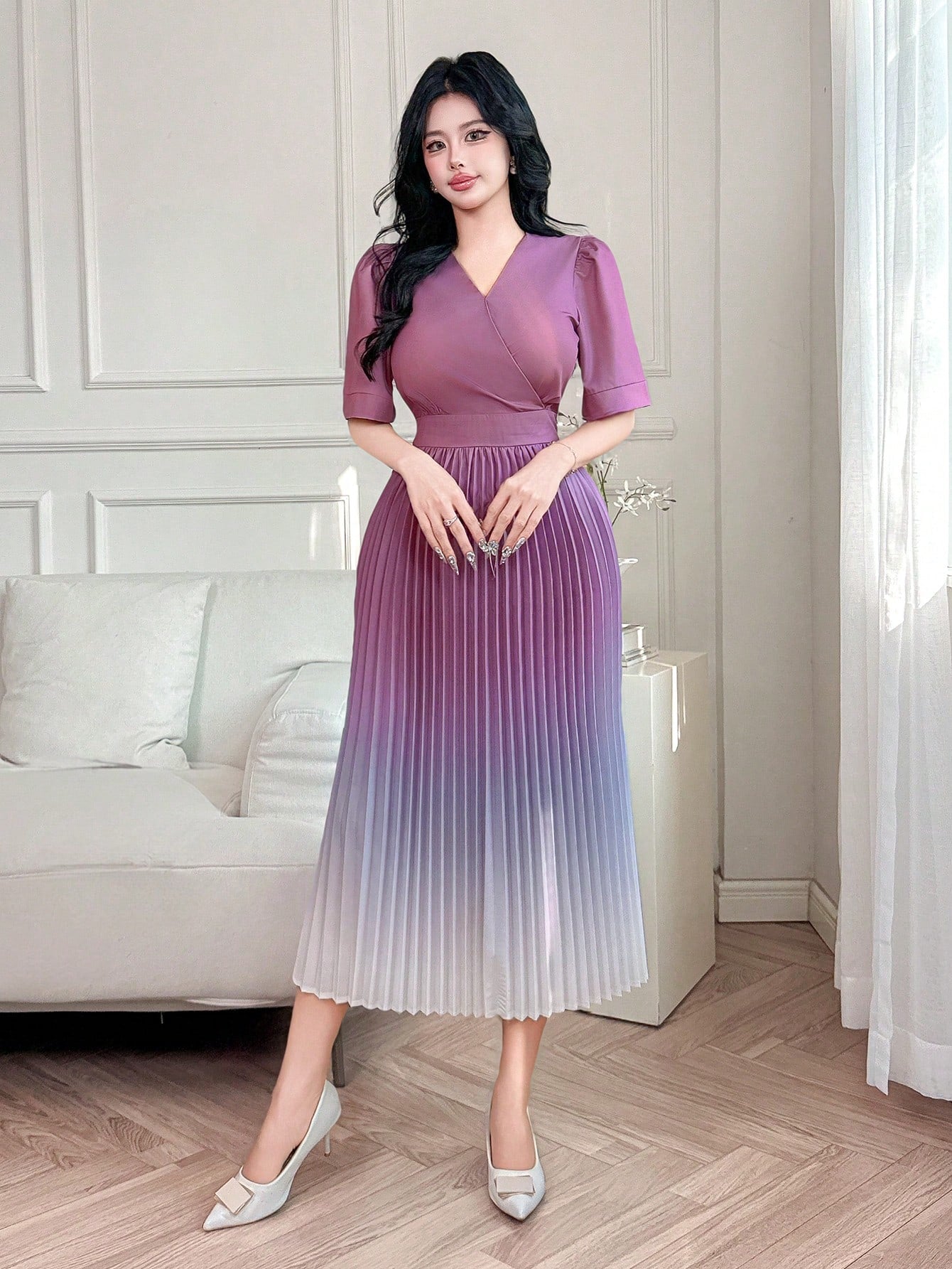 Stylish V-Neck Puff Sleeve Ombre Midi Dress with Pleated Waist for Wom – Canary Houze