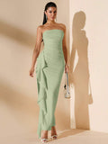 Sage green strapless maxi dress with ruched bodice and side ruffle