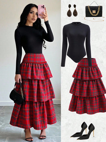 Make a statement with this versatile 2-piece set that lets you mix, match, and slay! Rock the sleek black long-sleeve jumpsuit for polished sophistication, or swap it out for the bold red plaid flared skirt with a high waist that flatters and flows. Whether you're dressing up for a night out or keeping it casual, this dynamic duo gives you double the style options in one fabulous package. Perfect for fashion lovers who refuse to choose just one vibe!