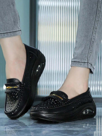 Step into effortless sophistication with these stunning black platform wedge loafers. Featuring a sleek slip-on design, decorative buckle accent, and meticulous hand-stitched detailing, they're the perfect blend of comfort and style. The platform wedge heel adds just the right lift to elongate your silhouette while keeping you grounded and stable all day long. Whether you're dressing up for the office or keeping it casual, these versatile loafers are your new go-to pair that proves you don't have to sacrifi