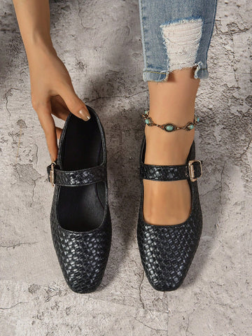 Step into style and comfort with these black woven ballet flats, featuring a chic metallic buckle that adds just the right sparkle. Perfect for everything from casual days out to special occasions, their breathable woven design keeps your feet happy while turning heads wherever you go. Playful yet polished, these flats are your new go-to for effortless flair!