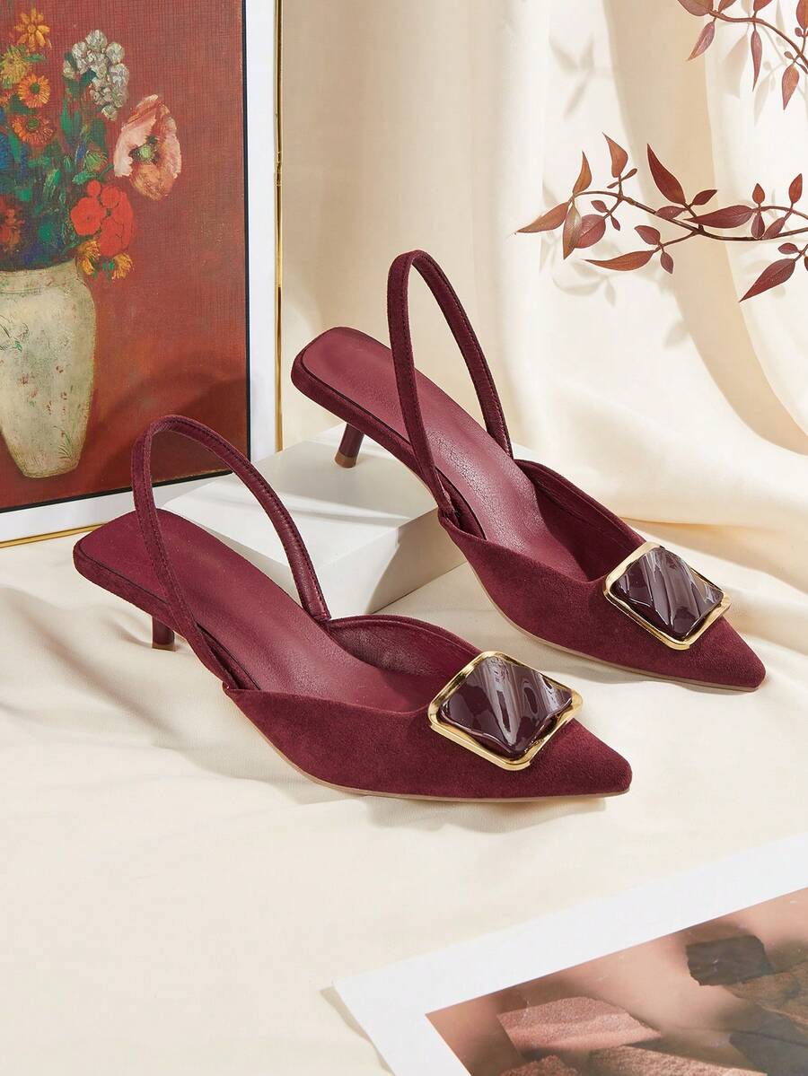 Elevate your wardrobe with these elegant women's sandals, featuring a sophisticated pointed toe and charming bowknot detail. The slip-on slingback design offers effortless style, while the comfortable kitten heel provides all-day wearability without sacrificing elegance. Crafted with breathable fabric upper and a supportive PU leather insole, these burgundy beauties are perfect for holidays and special occasions. The ruched detailing adds visual interest, and the rubber outsole ensures reliable traction. Av