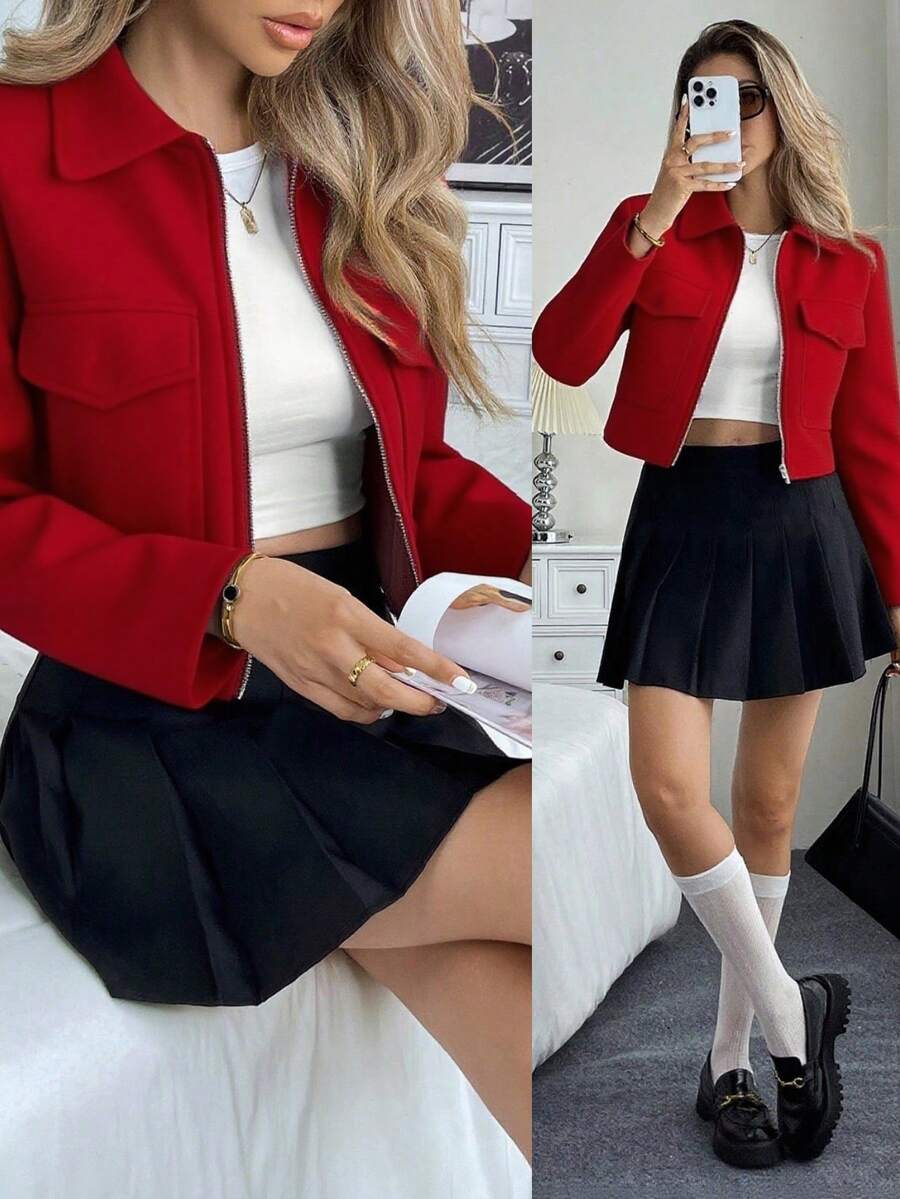 Red cropped zip jacket collage with black pleated skirt outfit