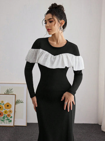 Be the belle of the ball in this stylish color block maxi dress with a fun and flirty ruffle hem. The long sleeves add an elegant touch to this perfect evening ensemble. Look chic and feel confident while turning heads in this must-have dress.