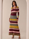 Front full view of multicolor striped long-sleeve rib-knit maxi dress with pink keyhole neckline