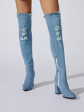 Step out boldly in these Stylish Women's Denim Thigh High Boots, designed to turn heads with their cool cutout details. The over-the-knee length offers a fierce, fashion-forward look while the classic blue jean material adds a touch of casual chic. Perfect for making every outfit unforgettable, these boots blend comfort with edge for your ultimate style upgrade.