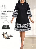 Turn heads with this geometric print flare sleeve dress, perfect for your next vacation! Its stylish design will make you stand out while its comfortable fit ensures you can enjoy your travels. A must-have for any fashionable woman.