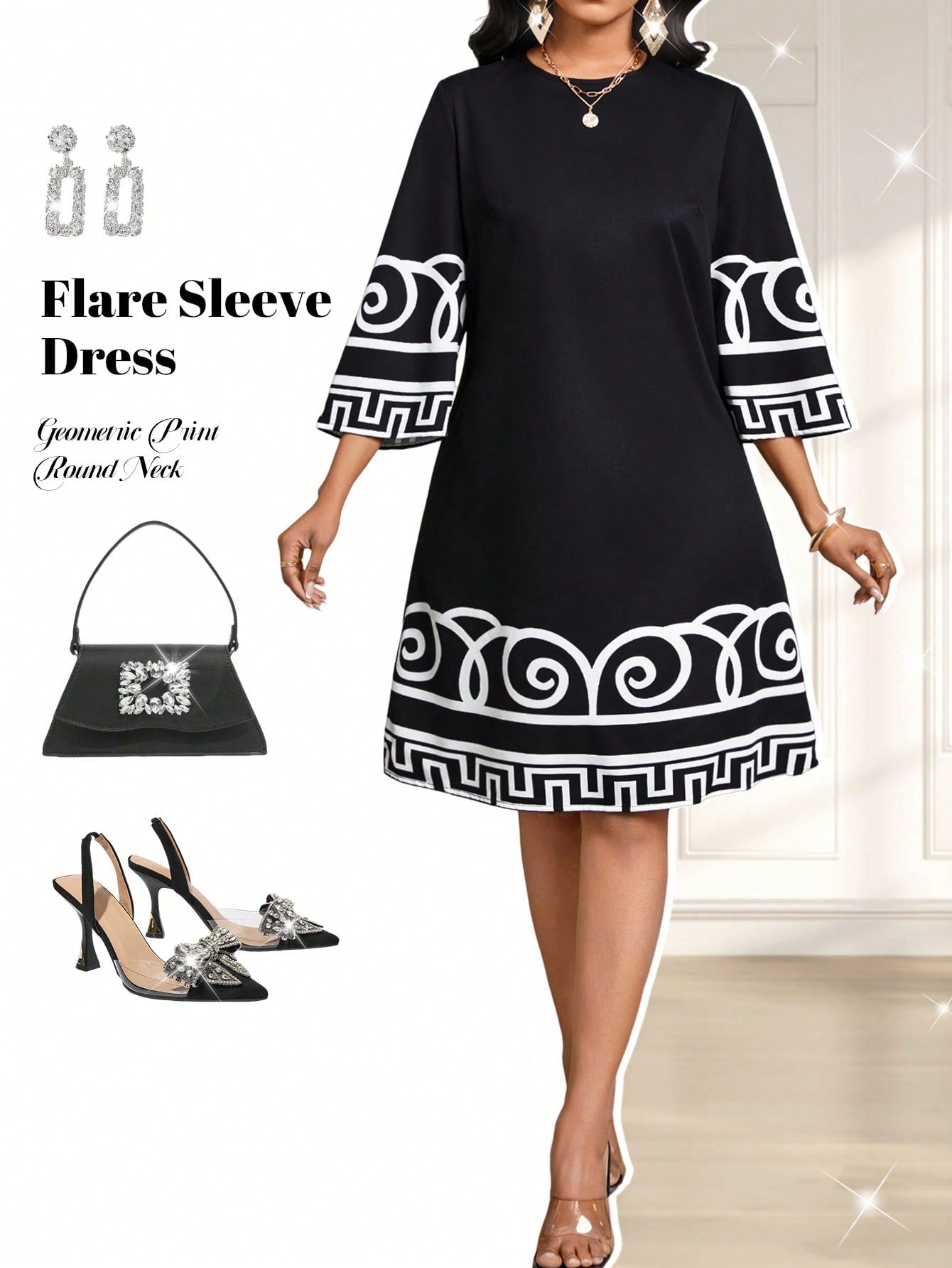 Turn heads with this geometric print flare sleeve dress, perfect for your next vacation! Its stylish design will make you stand out while its comfortable fit ensures you can enjoy your travels. A must-have for any fashionable woman.