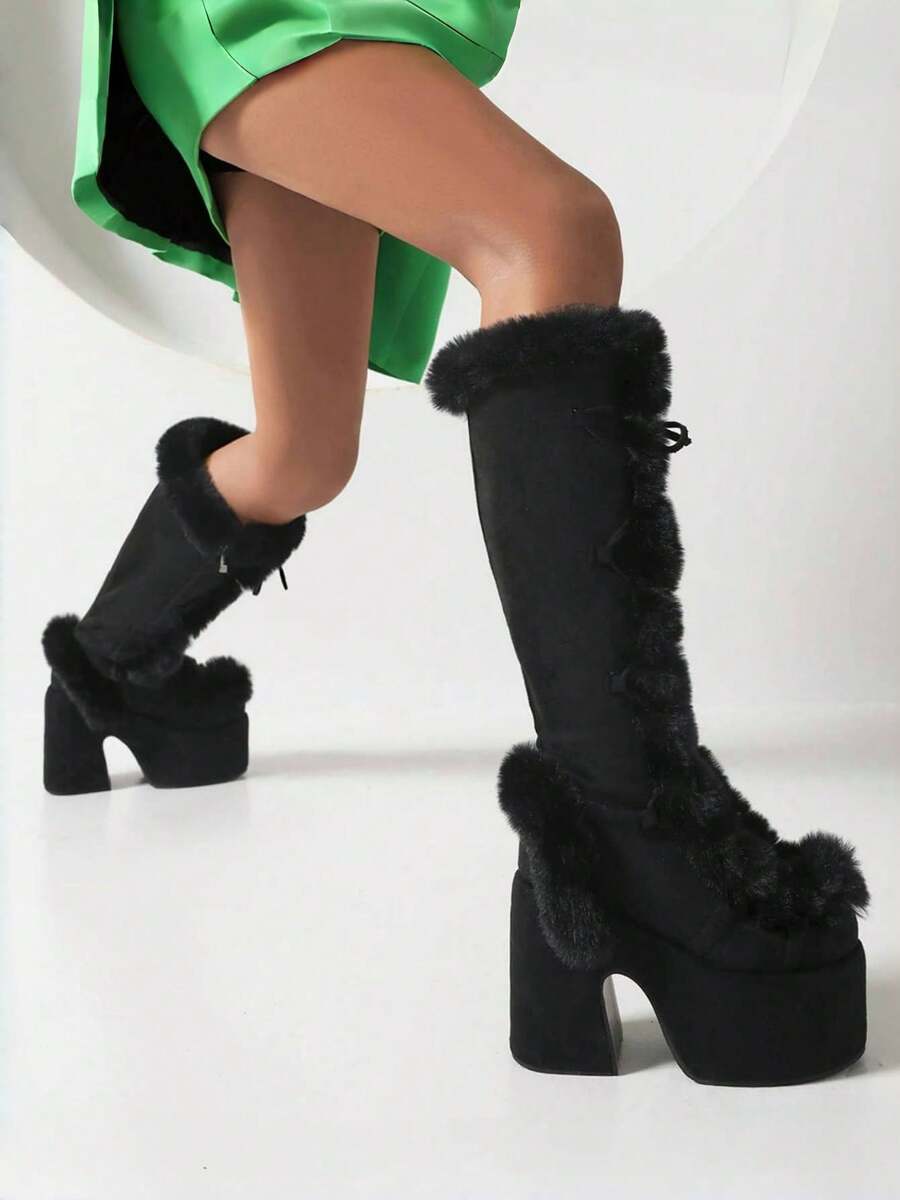 Step up your shoe game with these stylish women's knee-high boots featuring a cozy fur lining that keeps your feet toasty through chilly days. The chunky platform heel adds a fun, bold twist to your back-to-school and winter outfits, giving you extra height and confidence. Perfect for strutting through the season in warmth and style!