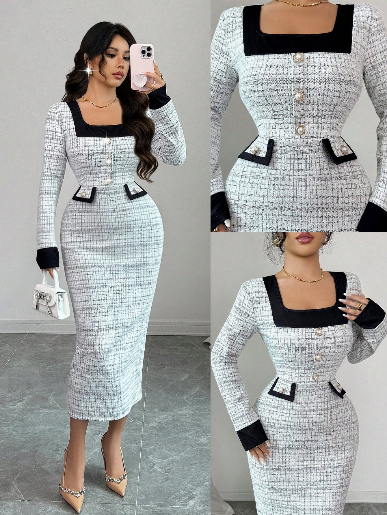 Elevate your everyday style with this chic knitted midi dress that effortlessly blends comfort and sophistication. The flattering square neckline frames your face beautifully, while the contrast color design adds a modern twist that keeps things interesting. Crafted from soft, quality knit fabric, it's your go-to piece for looking polished without trying too hard. Whether you're heading to brunch, running errands, or meeting friends, this dress delivers that "I woke up like this" vibe while keeping you cozy