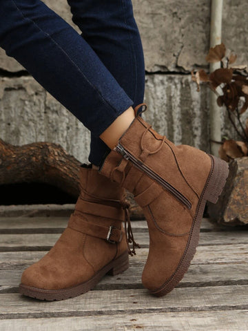 Step into cozy charm with these stylish mid-calf suede boots designed to keep your feet happy all autumn and winter long. The chunky heel adds just the right amount of lift, while the side zipper makes slipping them on a breeze. Perfect for crisp mornings and chilly nights, they bring warmth and a playful edge to any outfit.
