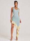 Front view of blue and yellow gingham halter mini dress with fitted body and asymmetric ruffle hem