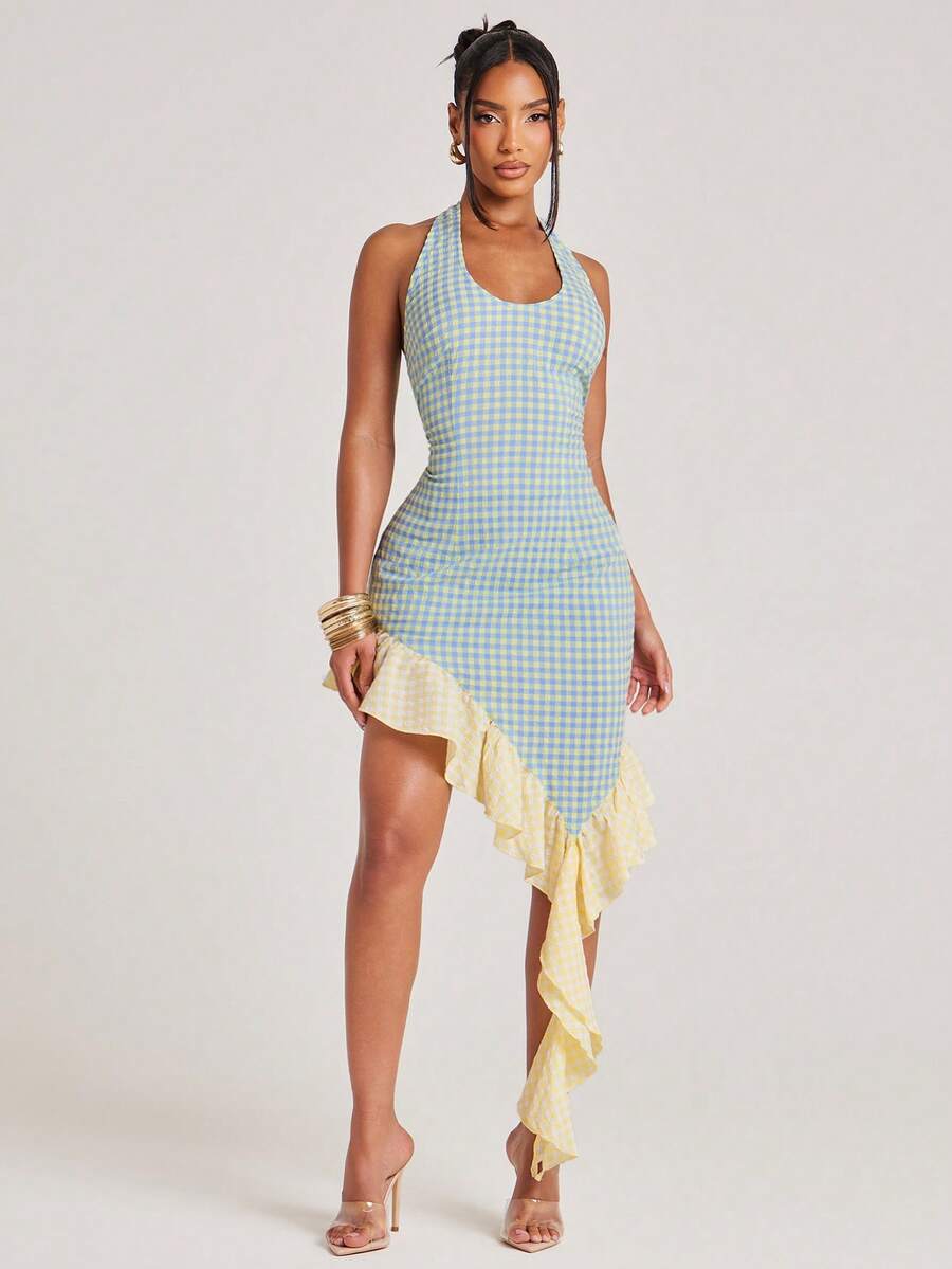 Front view of blue and yellow gingham halter mini dress with fitted body and asymmetric ruffle hem