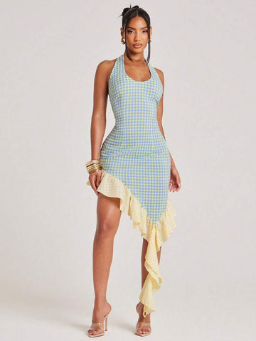 Front view of blue and yellow gingham halter mini dress with fitted body and asymmetric ruffle hem