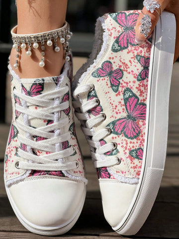 Step out in style with these playful pink sneakers featuring delicate butterfly embroidery and a touch of glitter. Designed for everyday comfort, their low-top silhouette pairs perfectly with casual outfits, adding a fun and feminine flair to your look. Whether you're running errands or meeting friends, these sneakers bring a cheerful pop of color and sparkle to every step.