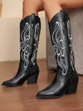 Step into autumn and winter with flair in these stylish women's pointed toe western boots. Featuring elegant embroidery and a sturdy thick heel, these tall boots bring a playful yet confident vibe to every outfit. Perfect for cooler days, they blend classic western charm with modern comfort, making you ready to trot through the season with bold style.