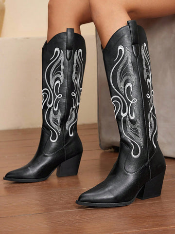 Step into autumn and winter with flair in these stylish women's pointed toe western boots. Featuring elegant embroidery and a sturdy thick heel, these tall boots bring a playful yet confident vibe to every outfit. Perfect for cooler days, they blend classic western charm with modern comfort, making you ready to trot through the season with bold style.