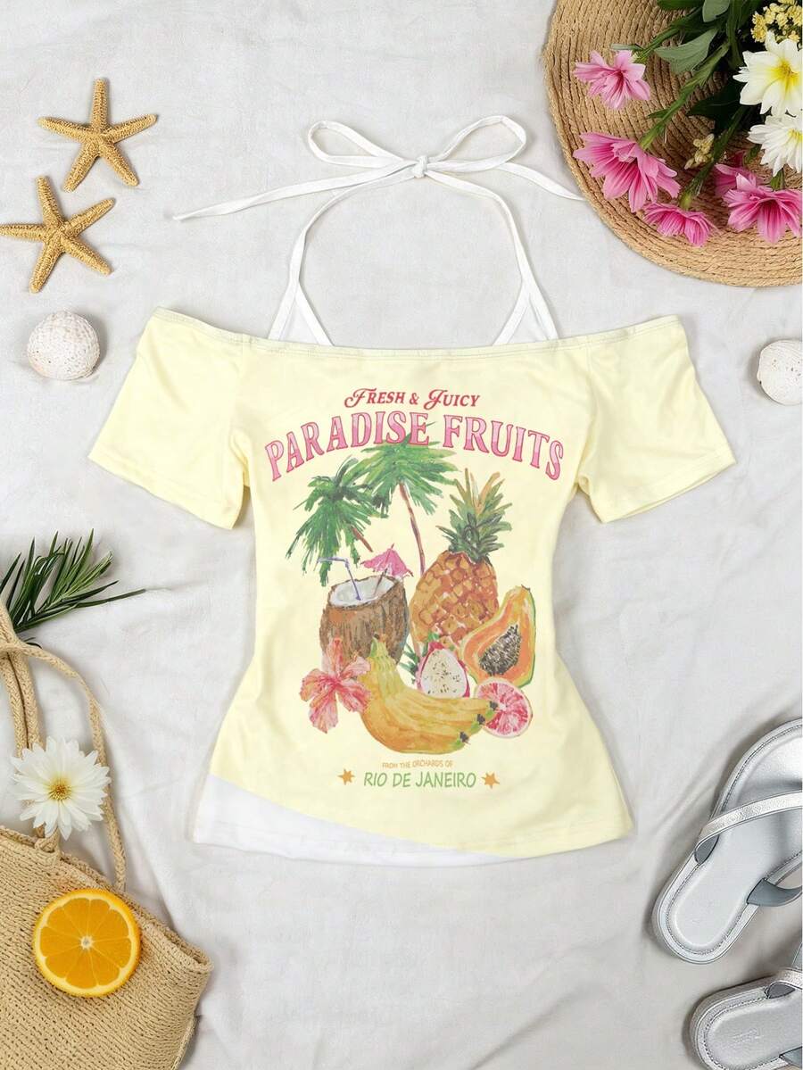 Front flat lay of pale yellow off-shoulder halter top with tropical fruit print for vacation styling