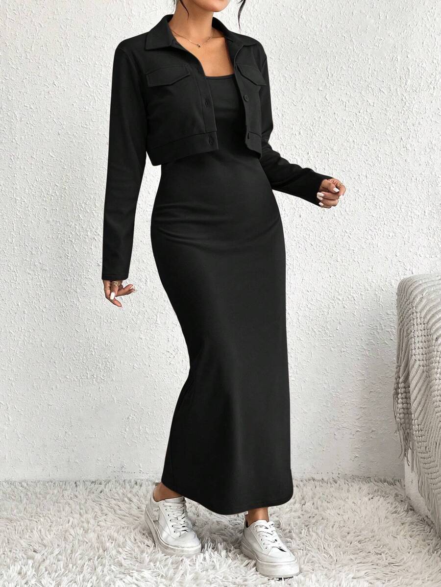 Elevate your wardrobe with this chic two-piece set that does the styling work for you! Pair a sleek solid-color jacket with a silky slip dress for instant sophistication—whether you're heading to brunch, a night out, or anywhere in between. The versatile neutral tones mix and match effortlessly with your existing pieces, while the polished silhouette keeps you looking put-together without trying too hard. It's the outfit formula that always works.