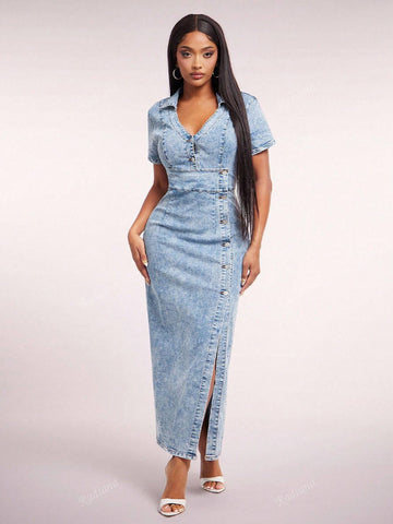 Slip into confidence with this playful, stretchy denim bodycon dress designed to hug your curves just right. Featuring a flattering V-neck and comfy short sleeves, its vibrant blue hue brightens any occasion. Perfect for days when you want to look effortlessly chic and feel fabulous all day long.