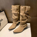 Front view of Stylish Women's Tan Suede Buckle Ruched Mid-Calf Western Boots - Cowboy Charm with Block Heel for western boot styling