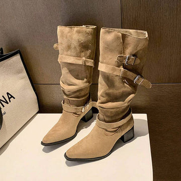 Front view of Stylish Women's Tan Suede Buckle Ruched Mid-Calf Western Boots - Cowboy Charm with Block Heel for western boot styling