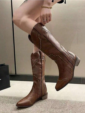 Step into sass with these stylish women's western mid-calf boots! Featuring a trendy V-cut and eye-catching rivet details, they add a bold touch to any outfit. The chunky heel gives you just the right lift for dancing through the day or night with confidence and comfort. Perfect for adding a playful western flair to your wardrobe!