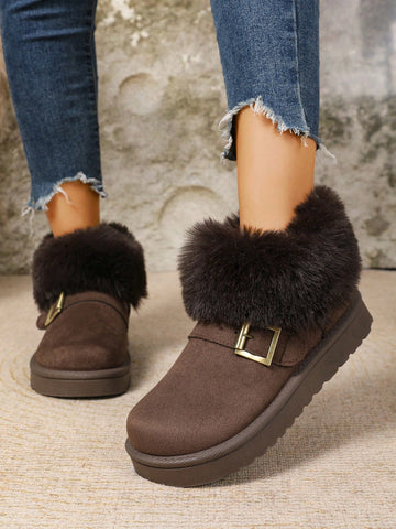 Step out in style and warmth with these playful snow boots designed just for you! Cozy fur trim hugs your ankles while the shiny metal buckle adds a fun twist to your look. Perfect for casual strolls or adventurous travel, these boots keep your feet comfy and ready to conquer chilly days with a smile.
