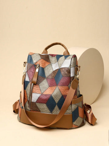 Be stylish and secure with our anti-theft backpack! Featuring a unique color block rhombic check design, this backpack not only looks fashionable but also keeps your belongings safe. With its anti-theft feature, you can enjoy your day without worrying about pickpockets. Perfect for women on the go!