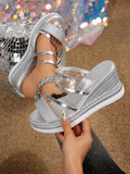 Upgrade your summer wardrobe with these Stylishly Sparkling wedge sandals in plus size. The open-toe design provides ventilation, while the wedge heel adds height without sacrificing comfort. Perfect for any summer occasion, these sandals exude style and sparkle for a fashionable touch to any outfit.