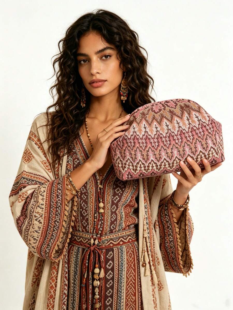 Model in boho dress holding pink patterned fabric clutch with rounded pouch shape