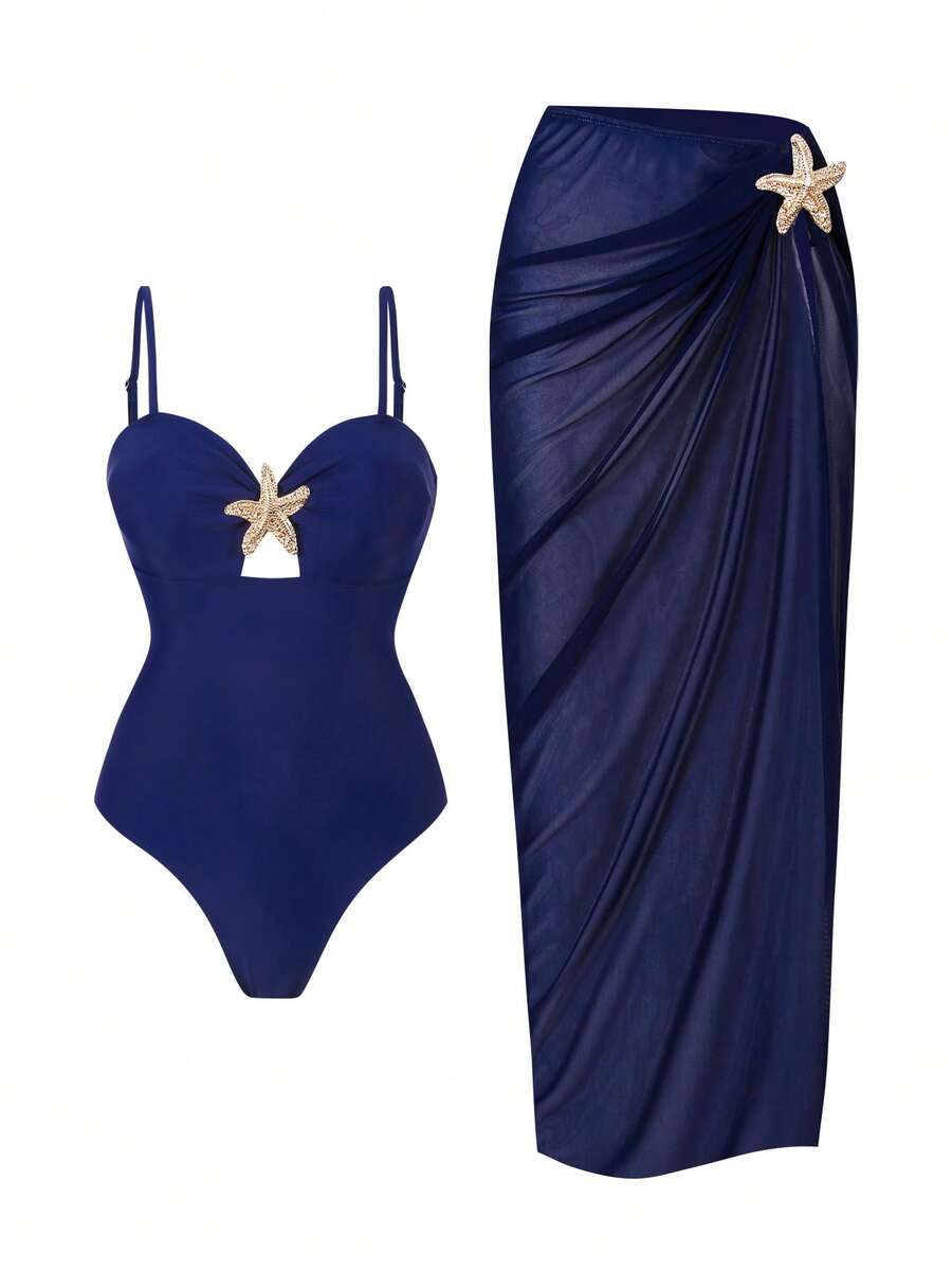 Embrace effortless summer style with this charming 2-piece swimsuit set. The spaghetti strap top features delicate starfish detailing, while the coordinating long skirt provides elegant coverage and movement. Perfect for beach days, poolside lounging, or tropical getaways, this set combines playful coastal vibes with flattering silhouettes. Mix and match pieces for versatile styling throughout the season.