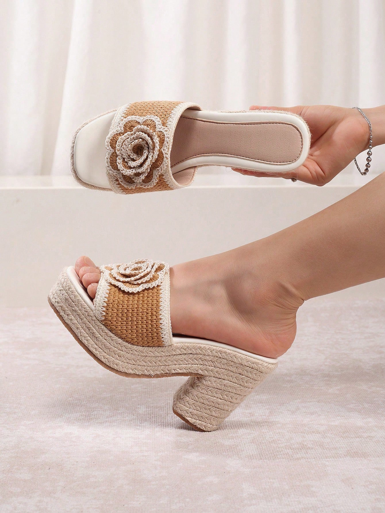Heel Height : Introducing Summer Chic, your go-to footwear for vacation and casual outfits. These 3D flower rope wedge sandals add a touch of elegance and comfort, with a design perfect for summertime. Enjoy your summer stylin' with these sandals that elevate your fashion without compromising on comfort.