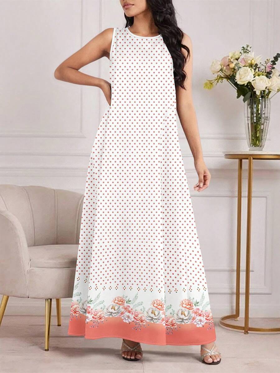 Embrace effortless summer elegance with the Najma Polka Dot Hibiscus Floral Ombre Print Maxi Dress. This boho-inspired A-line silhouette features a stunning multicolor floral and polka dot pattern that transitions beautifully across the fabric. The sleeveless round neckline and natural mid-waist create a flattering, comfortable fit perfect for warm-weather occasions, weddings, and festive celebrations. Crafted from a breathable woven fabric blend of 95% polyester and 5% elastane.