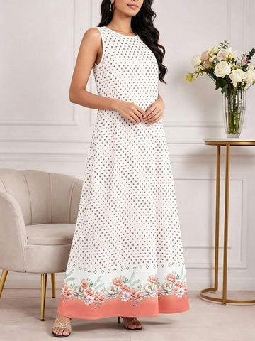 Embrace effortless summer elegance with the Najma Polka Dot Hibiscus Floral Ombre Print Maxi Dress. This boho-inspired A-line silhouette features a stunning multicolor floral and polka dot pattern that transitions beautifully across the fabric. The sleeveless round neckline and natural mid-waist create a flattering, comfortable fit perfect for warm-weather occasions, weddings, and festive celebrations. Crafted from a breathable woven fabric blend of 95% polyester and 5% elastane.