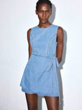 Step into sunny days with this playful dark blue denim dress designed for effortless style. Its 2-in-1 sleeveless, round neck design lets you switch up your look while staying cool and comfortable. Perfect for casual outings or weekend fun, this dress blends classic denim charm with modern versatility to keep your summer wardrobe fresh and flirty.