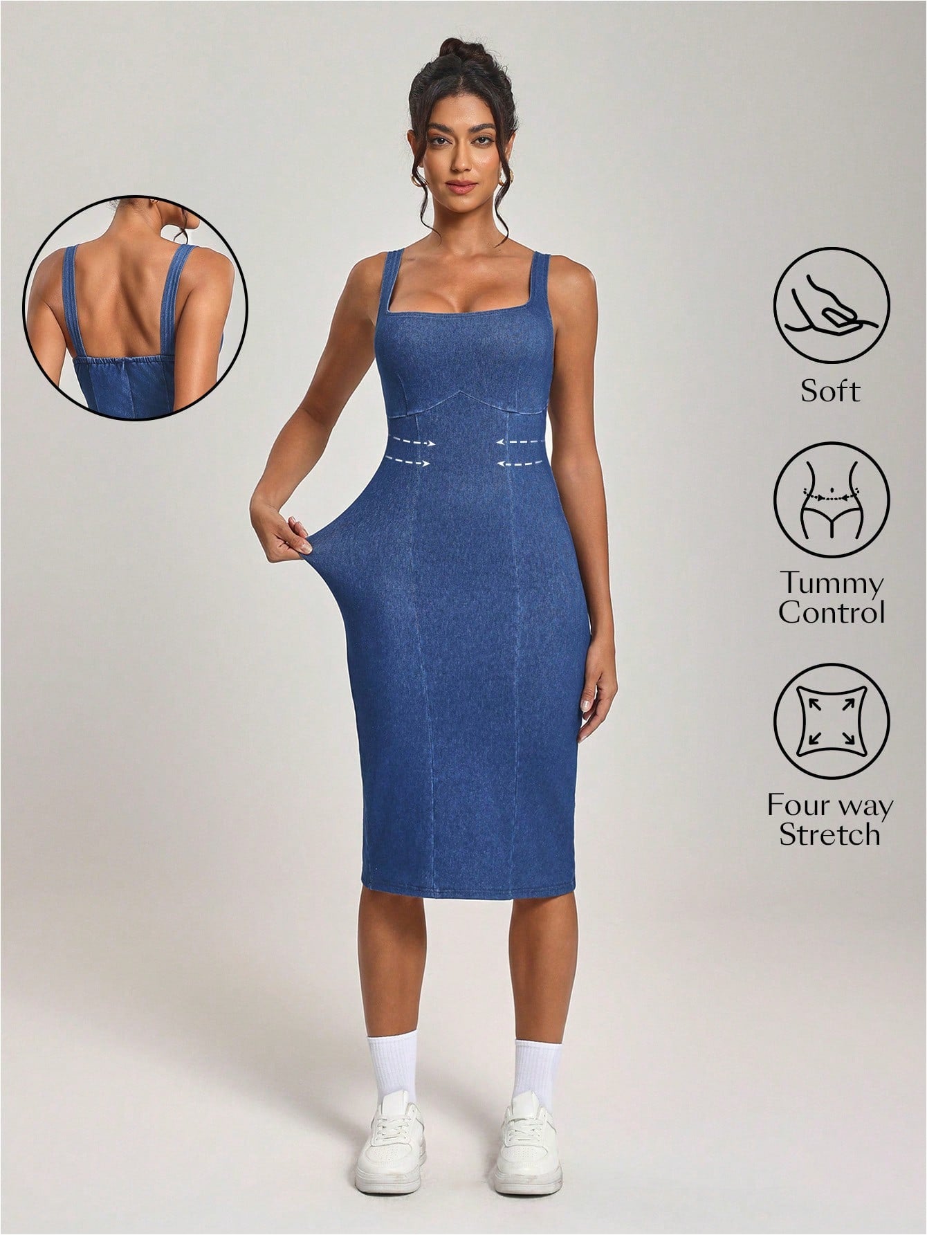 Step into summer with this playful sleeveless denim dress featuring a flattering square neckline and a fitted silhouette. Perfect for effortless style, it pairs easily with your favorite sandals or sneakers for day-to-night fun. Embrace the season’s vibe with a look that’s both cool and chic!