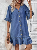 Experience the perfect blend of style and comfort with our Summer Chic V-Neck Denim Dress. Designed for the modern woman, this dress features a flattering V-neck, ruffle detail, and lightweight denim fabric. Elevate your summer wardrobe with this versatile and trendy piece.