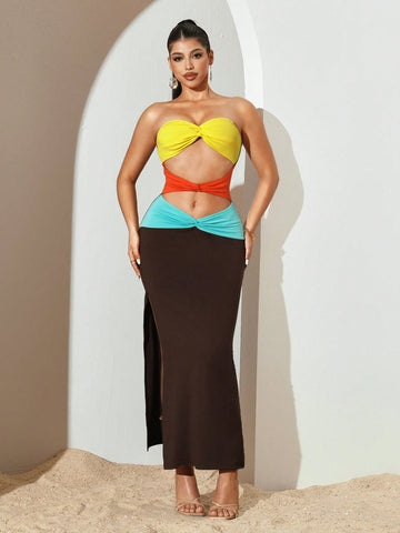 Turn heads this season in our Summer Colorblock Twist Hollow Out Bodycon Dress—the ultimate warm-weather essential for those who love bold style. Featuring eye-catching color blocking and strategic cutouts, this figure-hugging silhouette flatters every curve while keeping you cool and comfortable. The twisted details add an unexpected twist of sophistication to this flirty piece. Perfect for date nights, beach parties, or anywhere you want to make a statement. Slip it on and let your confidence shine as bri