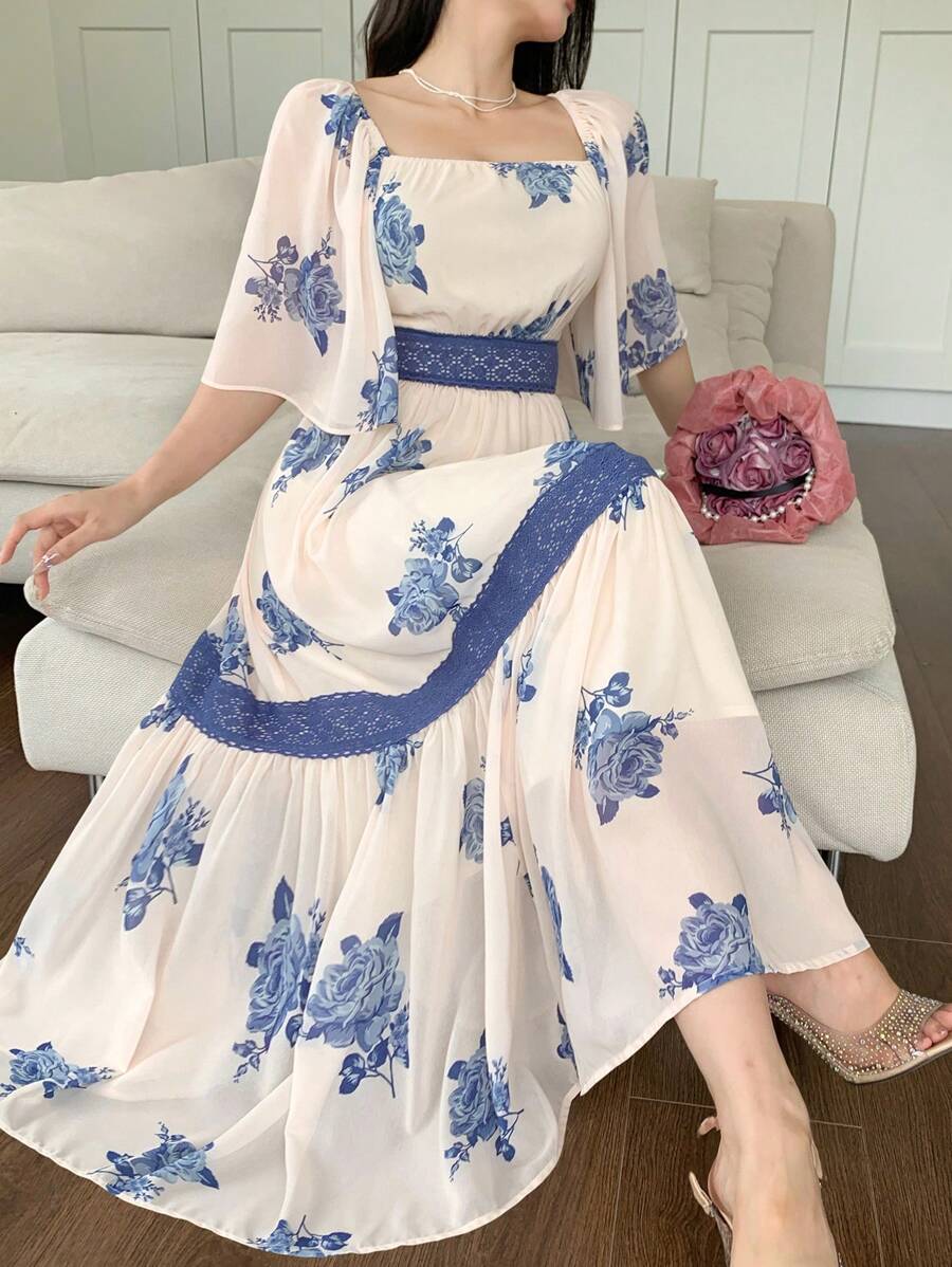 Summer Elegance: Colorblock Lace Floral Midi Dress for Women Canary Houze Summer Elegance: Colorblock Lace Floral Midi Dress for Women Canary Houze
